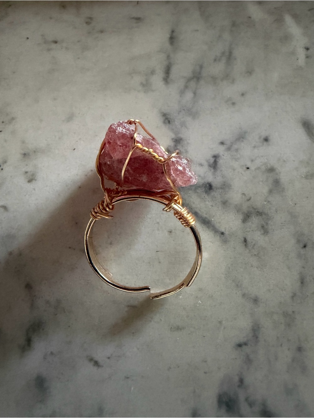 Handcrafted Pink Raw Crystal Wire-Wrapped Gold Tone Ring